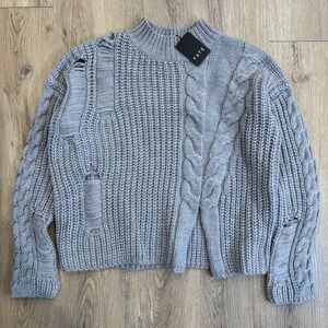 FATE Gray Distressed Cable Knit Sweater Chunky Oversized Small Wool Blend‎ NWT